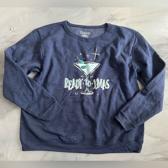 New HANES Custom Christmas Sweatshirt Martini Drinking Funny Print Navy Blue L - Picture 1 of 3